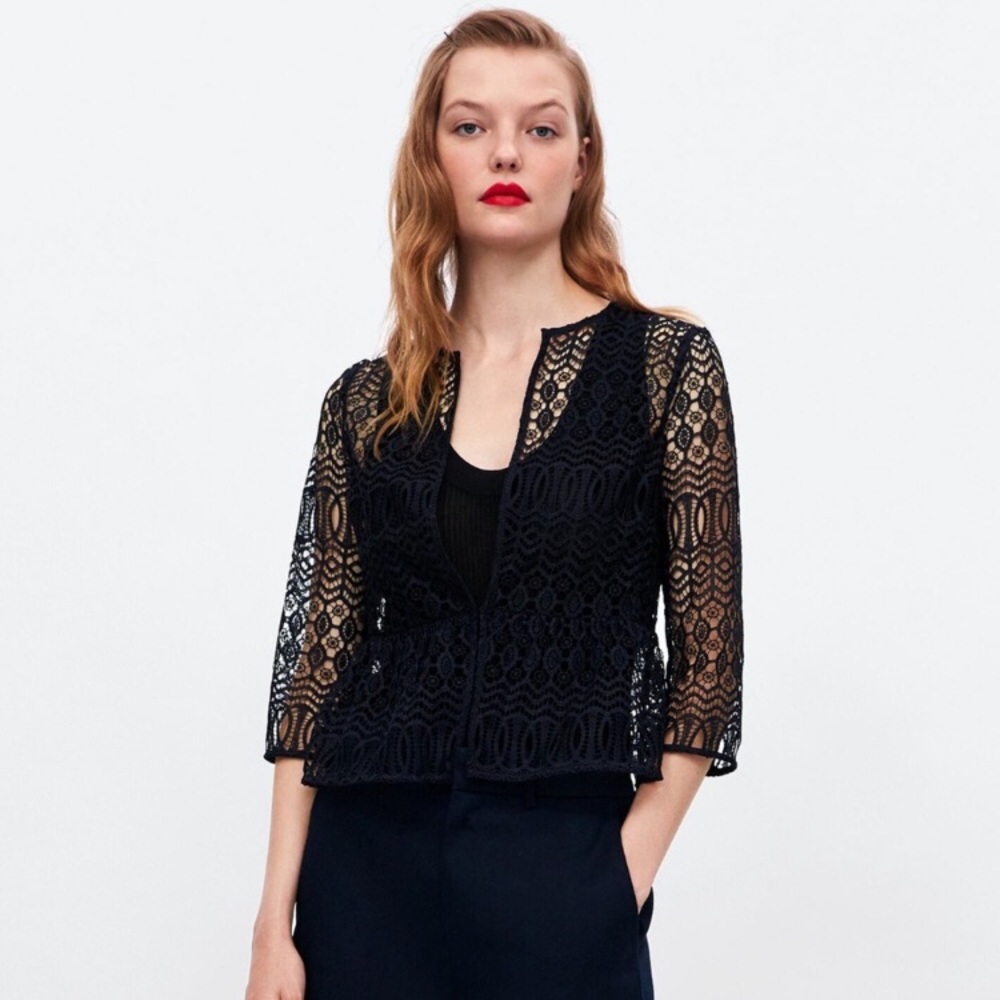 Zara Basic S lace peplum open cardi in navy blue